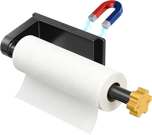 Magnetic Paper Towel Holder for Fridge Strong Magnet Black Kitchen Towel Holders Storage Organizer with Gold Nut for Refrigerator Grill Toolbox