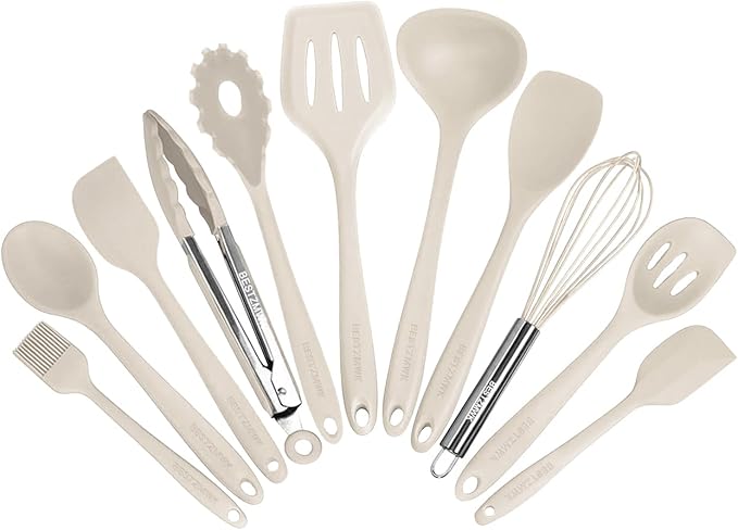 Kitchen Utensil Set - 11 Cooking Utensils - Colorful Silicone Kitchen Utensils - Nonstick Cookware with Spatula Set - Colored Best Kitchen Tools Kitchen Gadgets (Khaki) by BESTZMWK
