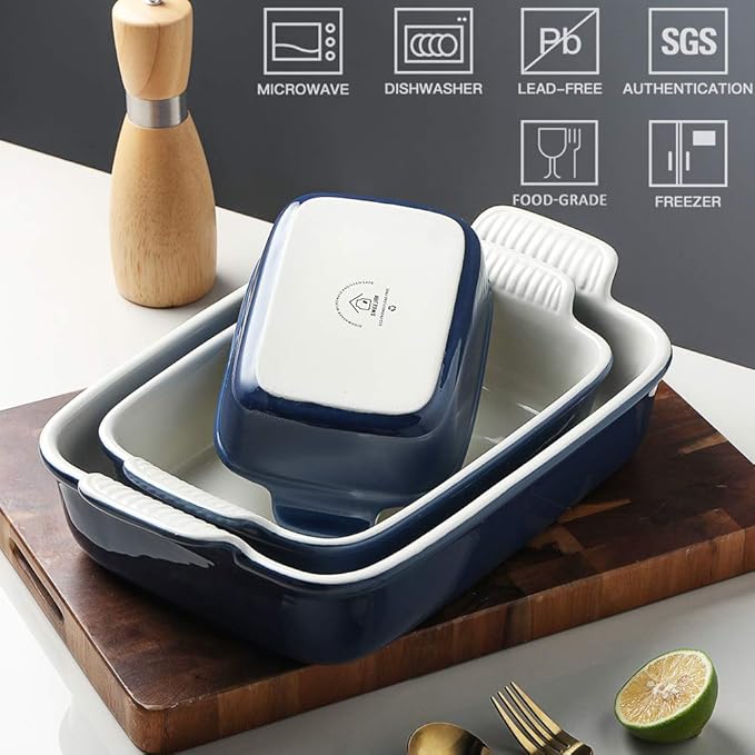 Sweejar Baking Pans Set, Ceramic 9x13 Baking Dish with Handle, Rectangular Casserole Dishes for Oven, Bakeware Sets of 3, Durable Lasagna Pan Deep for Kitchen, Banquet, Wedding Gift(Navy) - Image 2