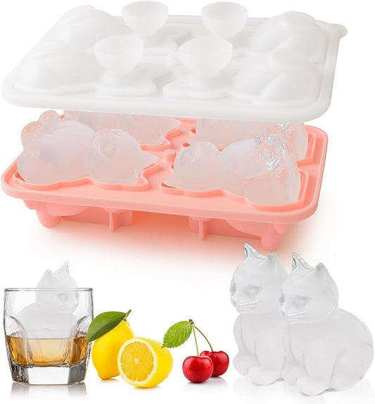 3D Cat Ice Cube Mold Silicone Large Ice Cube Tray with Lid for Cocktail Whiskey Bourbon, Fun Shapes Ice Cube Trays for Freezer, Big Ice Molds Cute Cat Gifts for Women Cats Lovers