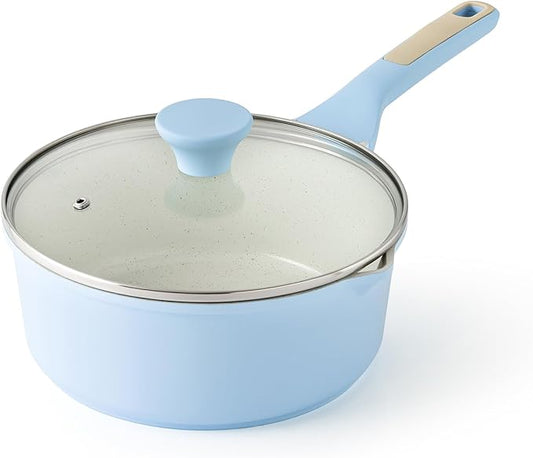 SENSARTE Ceramic Nonstick Saucepan with Double Pouring Spout 3.0 Quarts, Cooking Pot with Stay Cool Handle, Induction Compatible, Ceramic Coating, Free of Intentionally Added PFOA/PFAS, Blue