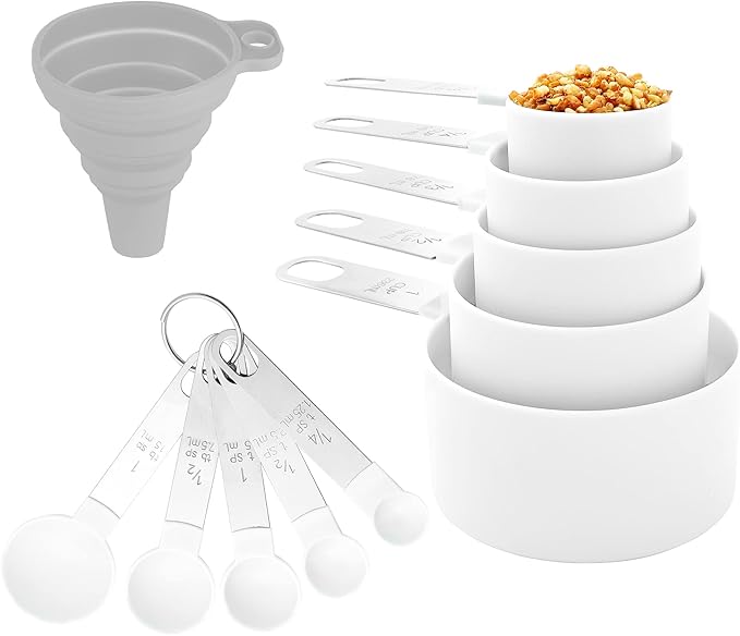 Measuring Cups and Spoons Set of Huygens Kitchen Gadgets 10 Pieces, Stackable Stainless Steel Handle Measuring Cups for Measuring Dry and Liquid Ingredient (White) by Huygens