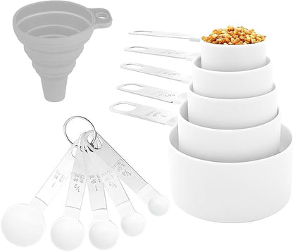 Measuring Cups and Spoons Set of Huygens Kitchen Gadgets 10 Pieces, Stackable Stainless Steel Handle Measuring Cups for Measuring Dry and Liquid Ingredient (White) by Huygens