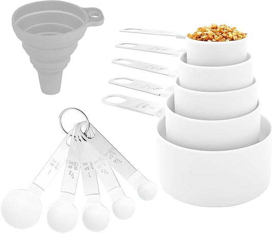Measuring Cups and Spoons Set of Huygens Kitchen Gadgets 10 Pieces, Stackable Stainless Steel Handle Measuring Cups for Measuring Dry and Liquid Ingredient (White) by Huygens