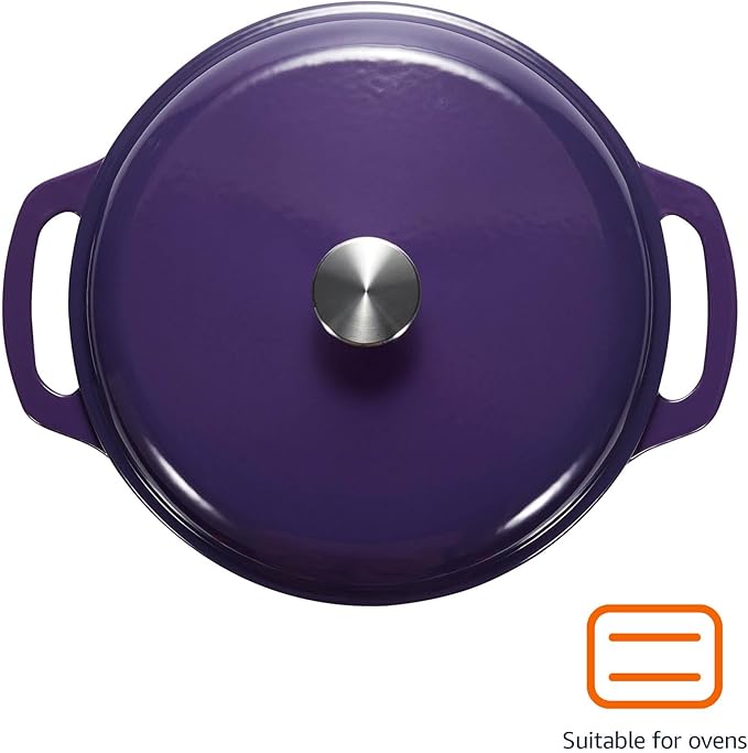 Amazon Basics Enameled Cast Iron Dutch Oven Pot with Lid, Round, Dual Handles, Heavy-Duty, Oven Safe for Stews, Roasting, Baking, 6-Quart, Purple - Image 2