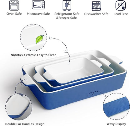 Casserole Dishes for Oven, Ceramic Baking Dishes, Lasagna Pan with Handles, Porcelain Baking Pan Deep, Bakeware for Baking, Cooking, Wedding Gift, Set of 3 (11.6" x 7.8", Dark Blue) - Image 4