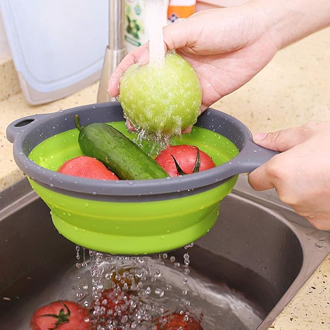2 Pack Kitchen Foldable Silicone Strainer Colanders, Collapsible Colanders with Handles, Space-Saver Folding Strainer Colander for Draining Pasta, Vegetable (Green and Red) - Image 6