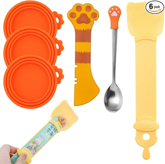 6 PCS Cat Food Can Covers Lids Set, Multi-Function Cat Food Spoon & Silicone Storage Lids with Opener, Cat Bar Squeezer, Stainless Steel Wet Food Spoon for Feeding, Storage and Cats & Dogs (Orange)