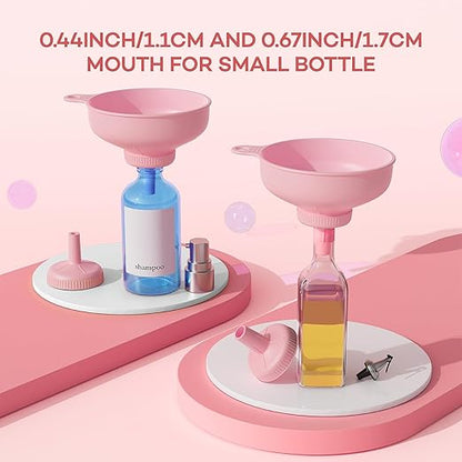 Pisol Wide Mouth Versatile Funnel, Canning Funnels for Kitchen Use, Food Grade Plastic Cooking Funnel Set with 4 Size Spouts and 2 Strainers for Filling Different Bottles and Bags, Pink