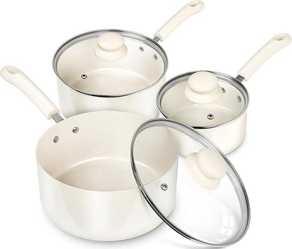MICHELANGELO Nonstick Saucepan with Lid, Ceramic Sauce Pan Sets, Easy to Clean Sauce Pans, Multi-Purpose Cooking Pots, 1QT & 2QT & 3QT, White by Michelangelo