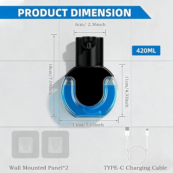 2Pack Automatic Soap Dispenser Touchless, Rechargeable Foaming Soap Dispenser,15oz/420ml Smart Hand Soap Dispensers,4-Level Adjustable,Wall Mount for Bathroom Kitchen Dish Soap,Hands-Free,Black - Image 2