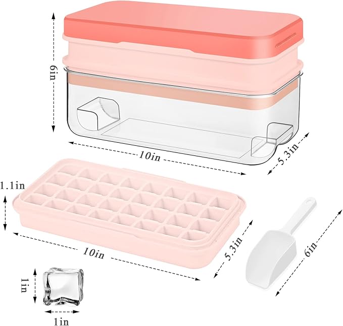 Ice Cube Tray with Lid and Bin, 64 pcs Ice Tray Kit with Ice Scoop, Ice Cube Pop Out Tray, Ice Cube Trays for Freezer, Ice Cube Molds, BPA Free, Easy Release Stackble Spill-Resistant ZZWILLB (Pink)