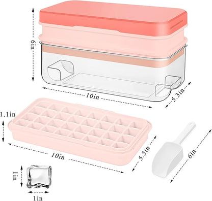 Ice Cube Tray with Lid and Bin, 64 pcs Ice Tray Kit with Ice Scoop, Ice Cube Pop Out Tray, Ice Cube Trays for Freezer, Ice Cube Molds, BPA Free, Easy Release Stackble Spill-Resistant ZZWILLB (Pink)