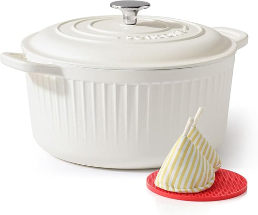 SENSARTE Enameled Cast Iron Dutch Oven Pot with Lid 3.5/5.5/6.5 Quart Heavy-Duty Round Dual Handles Kitchen Pot with Cotton Potholders & Silicone Trivet, Pot for Bread Baking, Stews, Braising, Roasting, Oven Safe, 5.5 Quart, White