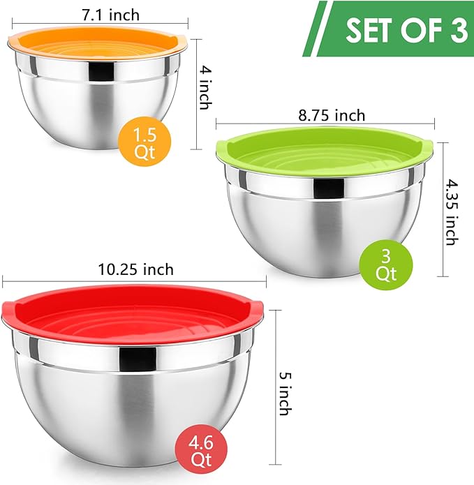 P&P CHEF Multicolor Mixing Bowls with Lids, Set of 3, Stainless Steel Salad Nesting Bowl for Mixing, Storing, Prepping, Airtight & Stackable, Size 4.6/3 /1.5 QT - Image 2