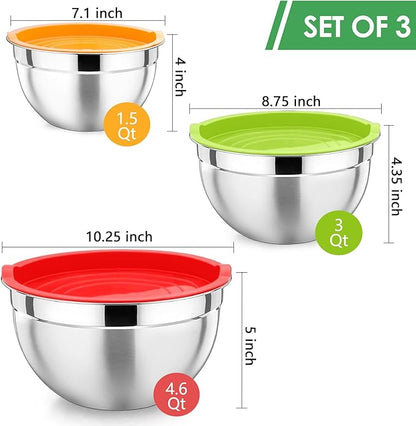 P&P CHEF Multicolor Mixing Bowls with Lids, Set of 3, Stainless Steel Salad Nesting Bowl for Mixing, Storing, Prepping, Airtight & Stackable, Size 4.6/3 /1.5 QT - Image 2