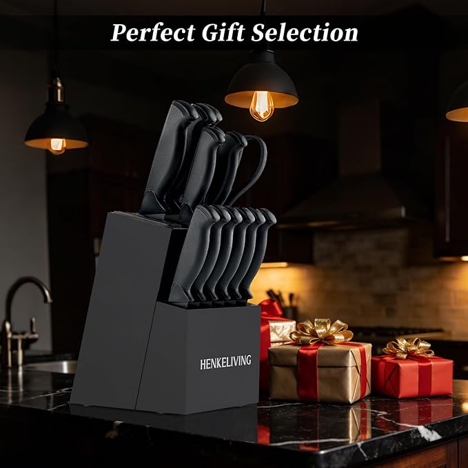 Knife Set, 14-Piece Kitchen Knives Set with Block, Built-in Sharpener, German High Carbon Stainless Steel, Ergonomic Non-Slip Handles, Black - Image 5