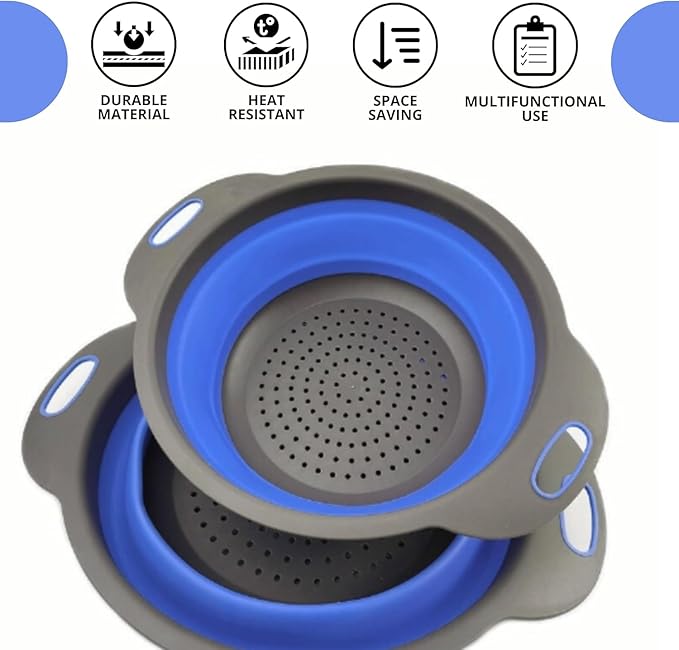 Blue Round Silicone Collapsible Colander – Silicone Round Kitchen Strainers with Plastic Handles Foldable Small Kitchen Strainer Perfect for Draining Pasta Vegetable and Fruit - Image 4