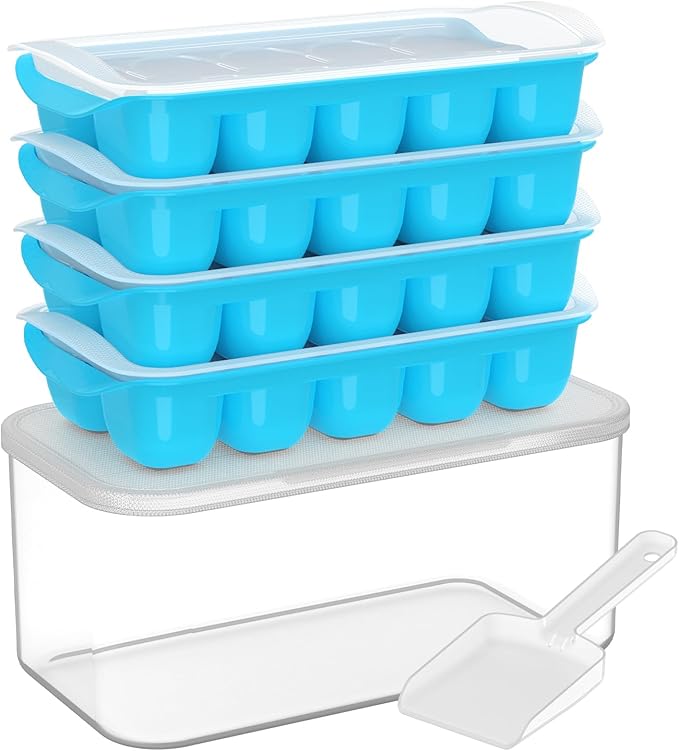 DOQAUS Ice Cube Tray with Lid and Bin - 4 Pack Ice Bucket Kits, Stackable Silicone Ice Trays for Freezer, Easy Pop Out, BPA Free for Cocktail, Coffee, Soup, Food, RV, Kitchen by DOQAUS