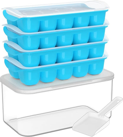 DOQAUS Ice Cube Tray with Lid and Bin - 4 Pack Ice Bucket Kits, Stackable Silicone Ice Trays for Freezer, Easy Pop Out, BPA Free for Cocktail, Coffee, Soup, Food, RV, Kitchen by DOQAUS