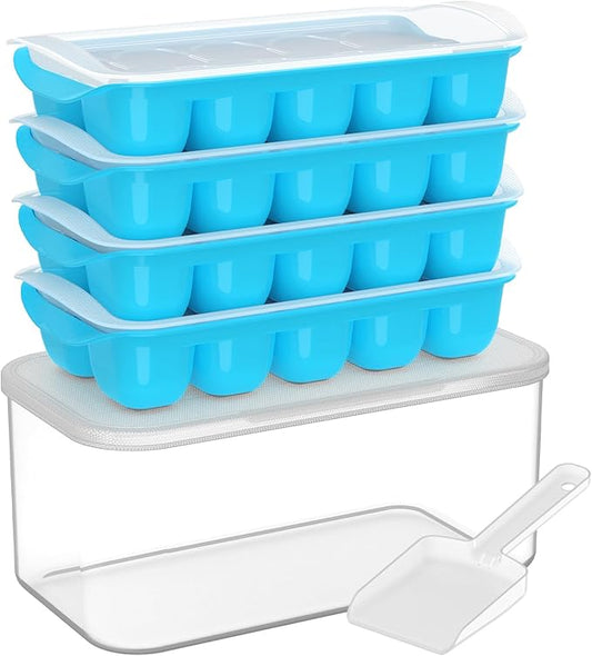 DOQAUS Ice Cube Tray with Lid and Bin - 4 Pack Ice Bucket Kits, Stackable Silicone Ice Trays for Freezer, Easy Pop Out, BPA Free for Cocktail, Coffee, Soup, Food, RV, Kitchen by DOQAUS