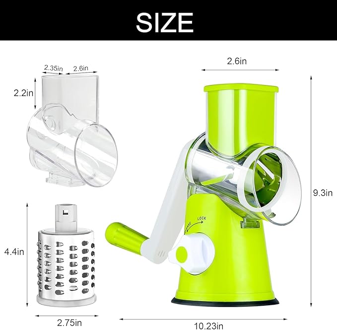 Cambom Rotary Cheese Grater Hand Crank Cheese Shredder for Fresh Cheese, Vegetable, Nuts,Non-slip Suction Base, Free Cleaning Brush Three Blades, Green - Image 5