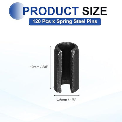 MECCANIXITY 120Pcs Slotted Split Roll Pins 1/5 Inch(5mm) Dia. 2/5 Inch(10mm) Length 65Mn Steel Spring Tension Expansion Dowels for Secure Fastening, Black
