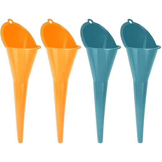 Plastic Long Neck Oil Funnels, for Filling Automotive Oil, Lubricants Engine Oils, Kerosene, Fuel, Diesel, Coolant & Other Liquids (2 Teal & 2 Orange)