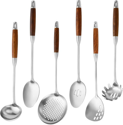 Izurok 18/10 Stainless Steel Kitchen Utensils Set,6 Piece Cooking Utensils With Wood Handle,Heat Resistant Kitchen Tool Set With Spatula, Spoon, Ladle, Skimmer, Slotted Spoon, Pasta by IzurokBuynow