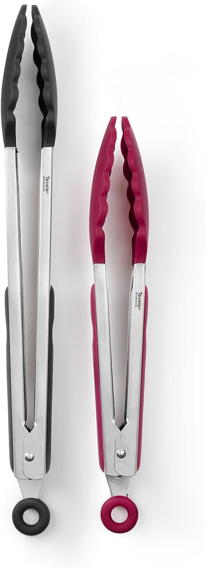 Tovolo Stainless Steel Tongs with Silicone Tip Set 9" 12" with Easy Lock Mechanism for Grilling Air Fryer Cooking Serving Salad, Heat Resistant Silicone Tipped Kitchen Tongs Sangria Red Black