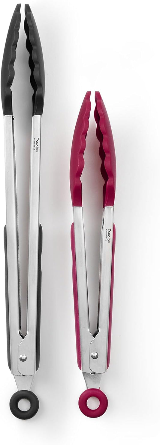 Tovolo Stainless Steel Tongs with Silicone Tip Set 9" 12" with Easy Lock Mechanism for Grilling Air Fryer Cooking Serving Salad, Heat Resistant Silicone Tipped Kitchen Tongs Sangria Red Black