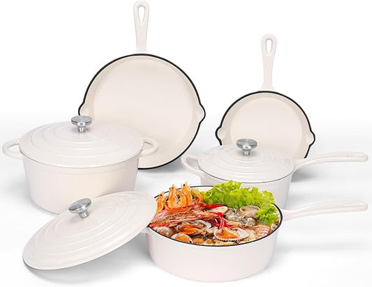 QuliMetal Nonstick Enameled Cast Iron Cookware Set, 5-Piece Pots and Pans Set with Lids, Skillet, Frying Pan, Saucepan & Dutch Oven for All Stovetops, PFOA Free, Ideal for Sourdough Bread Baking