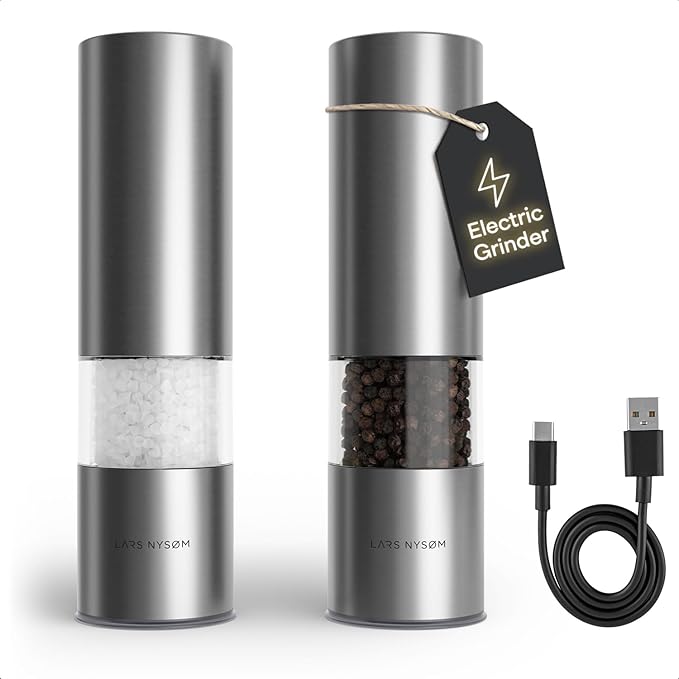LARS NYSØM Electric Salt and Pepper Grinder Set I Automatic Salt and Pepper Mills with Adjustable Ceramic Grinder I USB Rechargeable Electric Spice Mill Set with LED Light (Stainless Steel) by LN