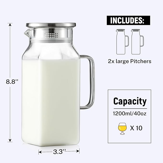 Netany 2 Pack 1.2 Liters/40 oz Small Square Glass Pitcher with Lid and Handle for Fridge, Iced Tea and Coffee Carafe Storage Container, Resistant to Hot and Cold Borosilicate Jug - Image 2
