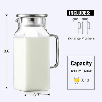 Netany 2 Pack 1.2 Liters/40 oz Small Square Glass Pitcher with Lid and Handle for Fridge, Iced Tea and Coffee Carafe Storage Container, Resistant to Hot and Cold Borosilicate Jug - Image 2