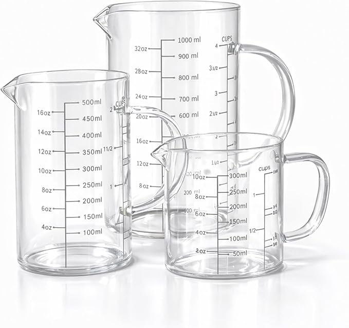 77L 3 Pack Glass Measuring Cup Set (1 1/4, 2 & 4 Cup) [Insulated handle, V-Shaped Spout], High Borosilicate Liquid Glass Measure Cup for Kitchen, Easy To Read, Dishwasher, Freezer, and Microwave Safe by 77L