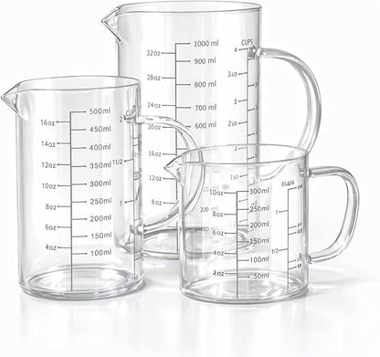 77L 3 Pack Glass Measuring Cup Set (1 1/4, 2 & 4 Cup) [Insulated handle, V-Shaped Spout], High Borosilicate Liquid Glass Measure Cup for Kitchen, Easy To Read, Dishwasher, Freezer, and Microwave Safe by 77L