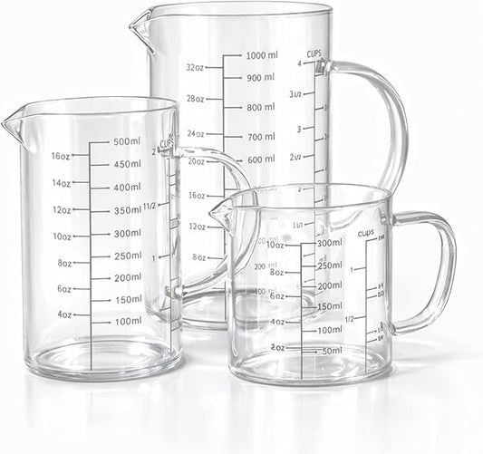 77L 3 Pack Glass Measuring Cup Set (1 1/4, 2 & 4 Cup) [Insulated handle, V-Shaped Spout], High Borosilicate Liquid Glass Measure Cup for Kitchen, Easy To Read, Dishwasher, Freezer, and Microwave Safe by 77L
