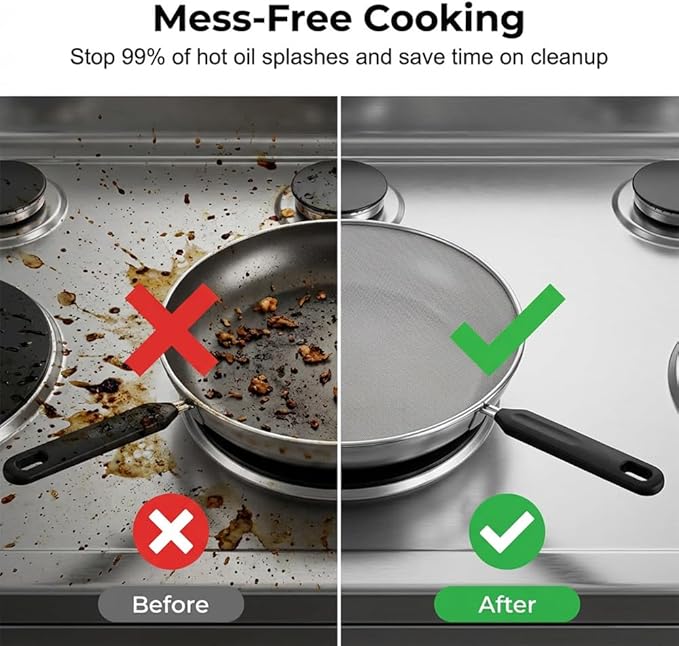 Splatter Screen for Frying Pan, Stainless Steel Grease Splatter Guard Splatter Screen Set Fine Mesh Stainless-Steel Grease Splatter Guard For Pots, Pans, and Skillets (Black-11IN) - Image 3