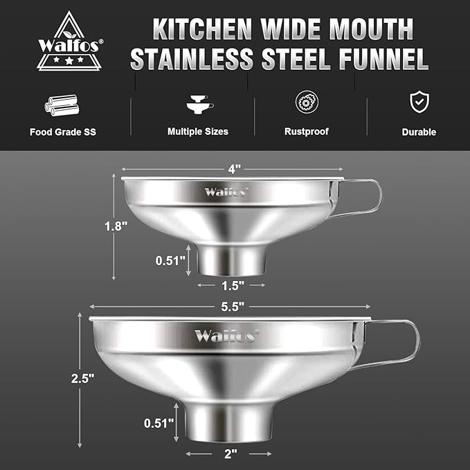 Walfos 2 Pack (4in & 5.5in) Stainless Steel Wide-Mouth Funnel with Handle for Wide and Regular Mason Jars Canning Jars, Wide-Mouth Funnels for Kitchen Use,Transferring Liquid and Dry Ingredients - Image 4