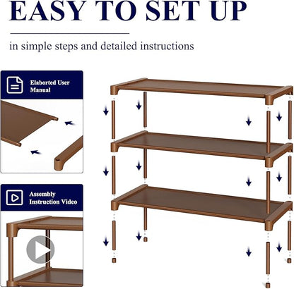 Kitsure Shoe Rack - Non-Woven Shoe Rack Shelf, Shoe Organizer for Closet, Entryway, Garage & Corridor, Stackable Shoe Shelves, 27.5" Wide - 3 Tier, Brown - Image 5