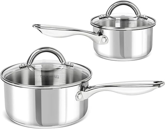 MICHELANGELO Saucepan Set 4pc, 18/10 Stainless Steel Sauce Pan with Lid, Tri-Ply Bottom Sauce Pot Set, Nonstick Saucepan, Dishwasher Safe, 1QT & 2QT by Michelangelo