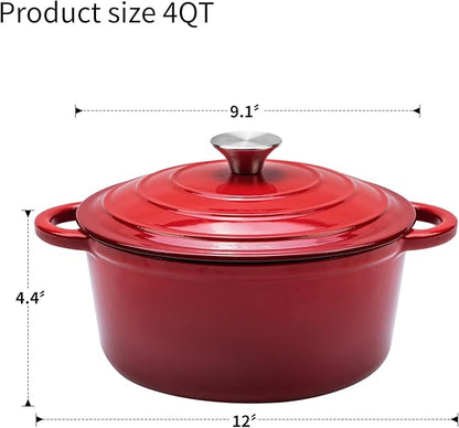 Enameled Cast Iron Dutch Oven - 4QT Pot with Lid,Oven Safe to 500°F,Heavy-Duty Cookware for Sourdough Bread Baking,Braising,Stews,Roasting Red - Image 3