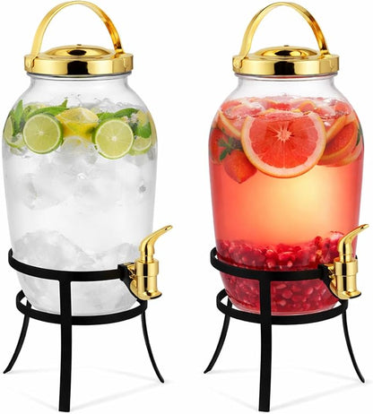 Havawish 2 Pack Drink Beverage Dispenser with Stand for Parties 1.16 Gallon Plastic Water Lemonade Juice Dispenser with Spigot and Lid for Countertop Weddings (Gold)