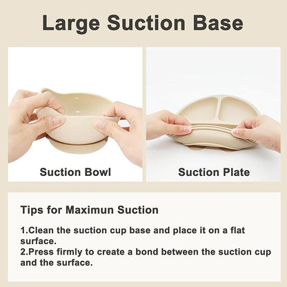 Silicone Baby Feeding Set | Baby Led Weaning Supplies Includes Suction Bowls and Divided Plates, Adjustable Bib, Baby Utensils Spoons and Forks,Cup | Baby Feeding Essentials (Beige)