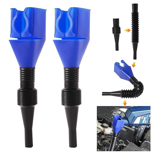 2-Pack Flexible Car Funnel for Oil Change, Retractable Snap-On Automotive Funnel with Adjustable Hose, Leak-Proof Spill-Free Design for Motorcycle, Cars, Repair Shop ﻿