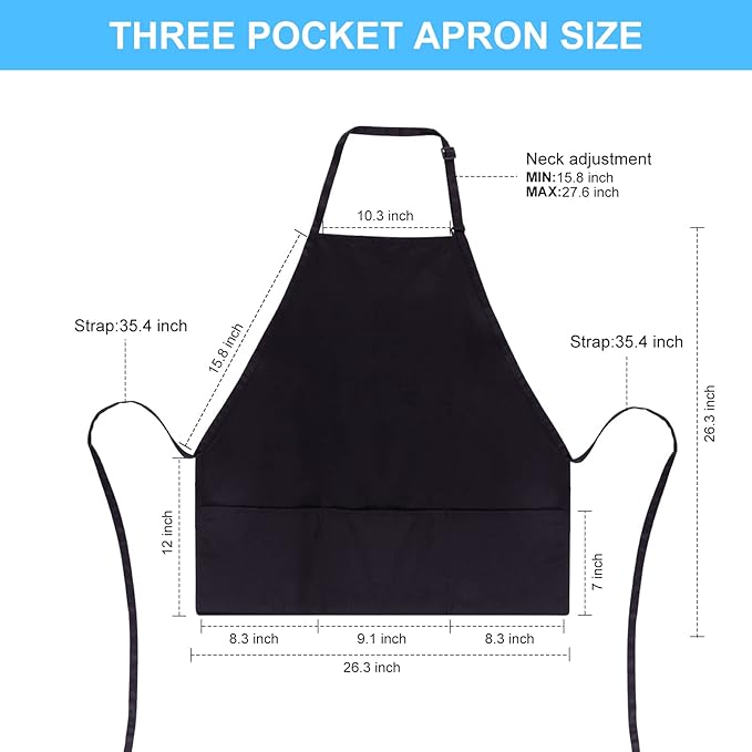 Jubatus 2 Pack 3 Pockets 100% Cotton Adjustable Bib Apron Chef Kitchen Cooking Aprons for Women Men, Black - Image 6