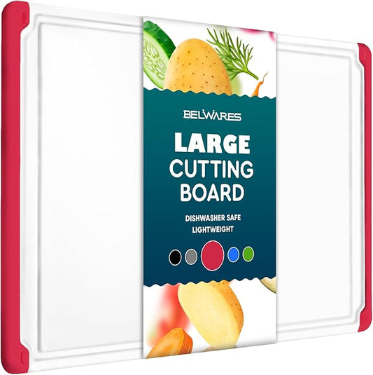 Large Kitchen Plastic Cutting Board - Dishwasher Safe Non-Slip Cutting Boards with Juice Grooves, Easy Grip Handles - Large and Thick Chopping Board Red by Belwares