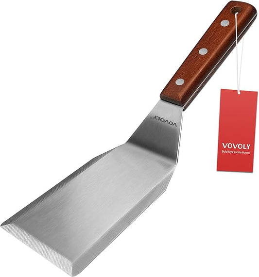 Professional Metal Spatula for Cast Iron Skillets and Flat Top Grills, Full Tang Wooden Handle,1.8mm Thick Stainless Steel Blade, Smash Burger Spatula Turner for Flipper, Cooking, BBQ, 4.7 x 2.7 Inch by VOVOLY