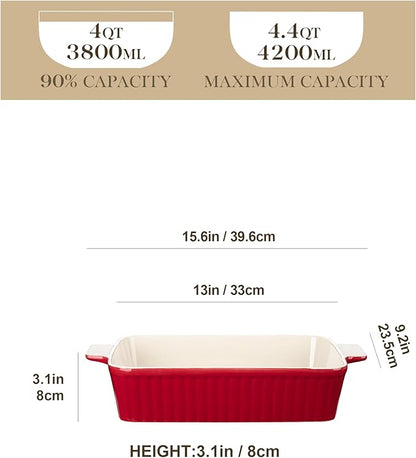 MALACASA 4.4 QT Baking Dish, 9x13 Large Casserole Dish for Oven, Ceramic Baking Pan, Rectangular Lasagna Pan Deep with Handles for Baking, Durable Microwave Oven Safe, Red, Series BAKE-BAKE - Image 2